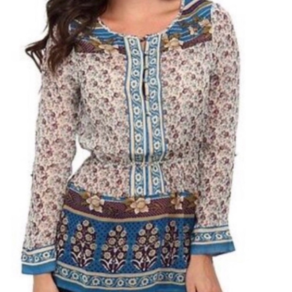 Lucky Brand Women’s Savannah Gypsy Floral Semi-sheer Boho Peasant Blouse Large